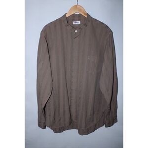 Chimala Men's Large Brown Striped Long Sleeve Band Collar Shirt